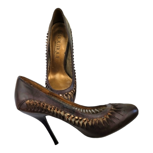 SAM EDELMAN SE Boutique Designs Brown/Gold Round Toe, Leather Pumps/Heels - Picture 4 of 11